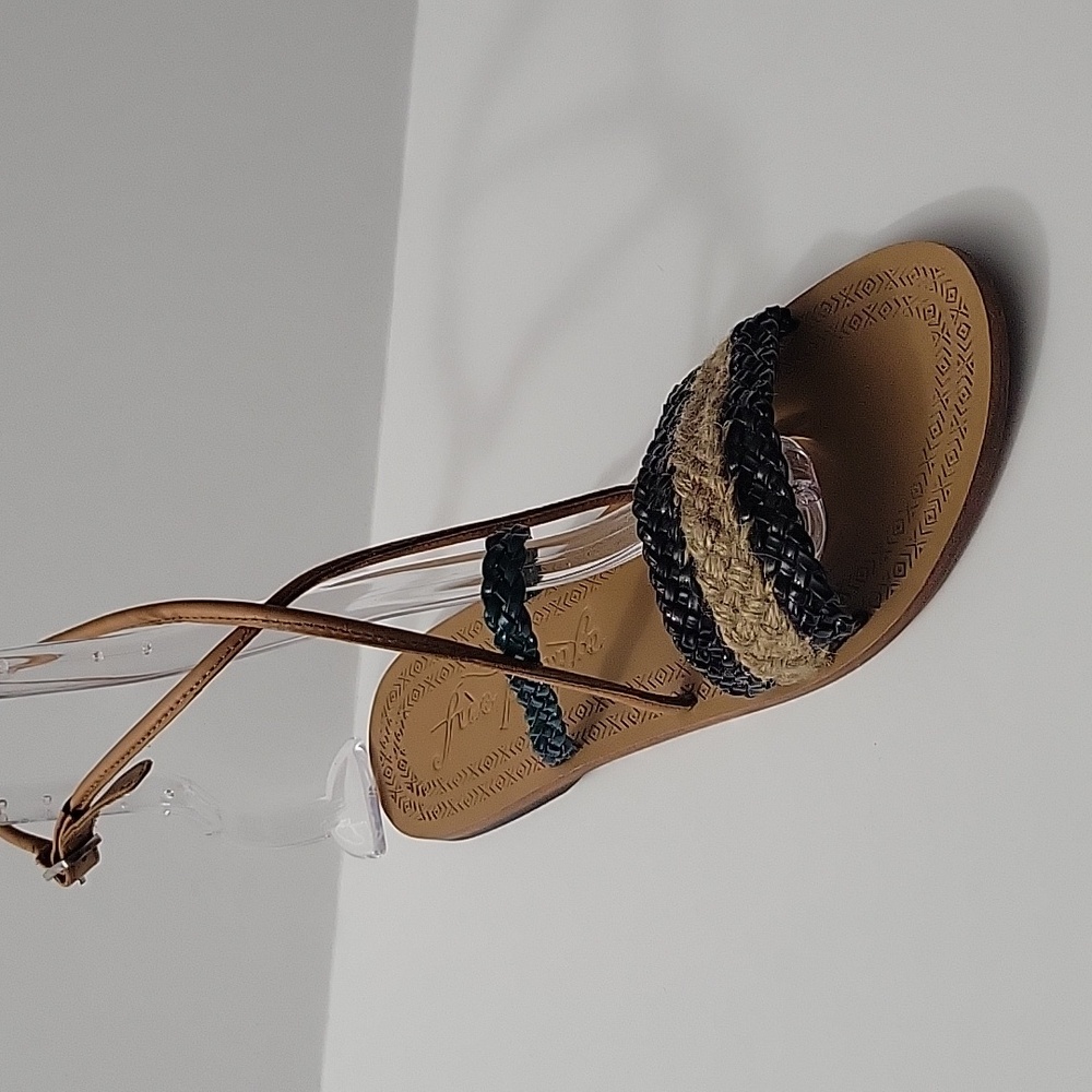 NWOB Free People Black Green and Tan Braided Sandals Ankle Strap Size 38